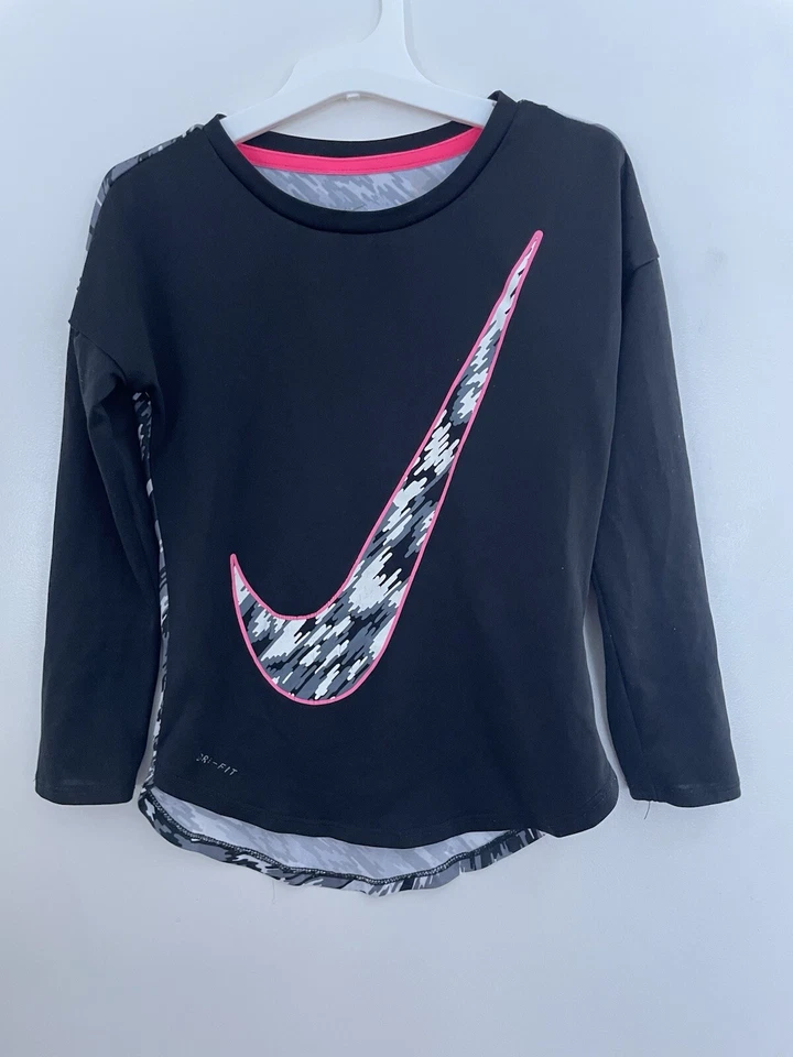 Nike Dri-Fit Kids Girls Pink Logo Patterned Long Sleeve Shirt Gray Black 5-6 Yrs - Image 1 of 4