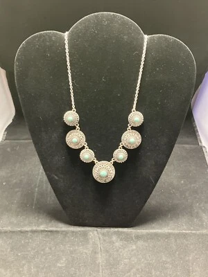 TRIFARI Crown Marcasites & Turquoise Necklace 16-18” silver medallions aqua - Image 1 of 4