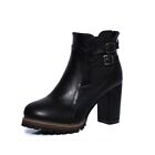 Women's Solid Ankle Boots Pointed Toe Retro Shoes Buckle Block High Heel Chelsea