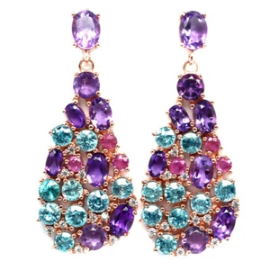 Gemstone Unheated Purple Amethyst, Zircon & Ruby Earrings 925 Sterling Silver - Picture 1 of 4