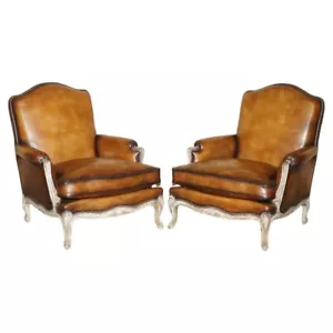 RESTORED PAIR OF ANTIQUE ORIGINAL PAINT BROWN LEATHER FRENCH LOUIS XV ARMCHAIRS - Picture 1 of 24