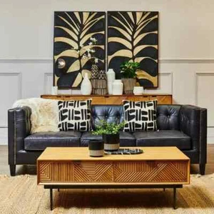 3 Seater Black Leather Sofa Chesterfield Style with Oak Legs Vintage Look - Picture 1 of 12