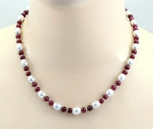 Freshwater Pearl Necklace White Pearls With Ruby 49cm Long - Picture 1 of 2
