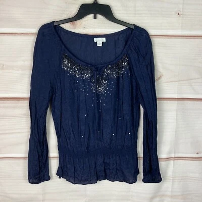 Blusa Charter Club Top Feminina S Azul Lantejoulas Decote Amarrado Manga Longa Elástica Cintura - Imagem 1 de 4