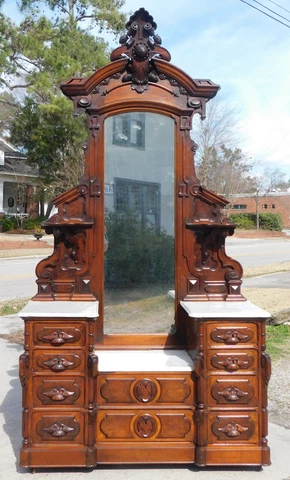 Outstanding Walnut Victorian Renaissance Marble Top Drop Center Dresser Cover