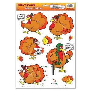 WACKY TURKEYS Peel 'N Place Wall Clings Thanksgiving Holiday Sticker Decorations - Picture 1 of 2