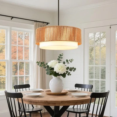 Lámpara de araña de ratán boho de 19", lámpara de tambor de mimbre tejida a mano para comedor R... Foto 1 de 4