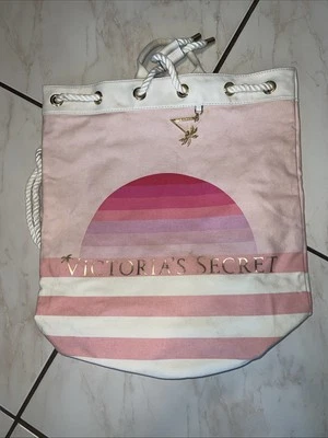 VICTORIA'S SECRET Striped Pink Canvas Cinch Backpack Great Beach Bag Travel Gym - Image 1 of 3