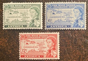 1958 Antigua Sc# 122-24 - QEII, West Indies Federation, Map. MH Cv$5.80 - Picture 1 of 2