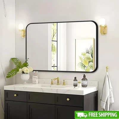 Espejo de pared de baño 26x38 espejo rectangular redondeado con marco de metal espejo de tocador Foto 1 de 4
