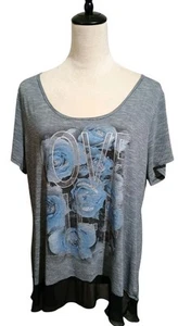 Style & Co 1X Love Life Blue Gray Floral Stripe Top Sheer Hem Beads Short Sleeve - Picture 1 of 13