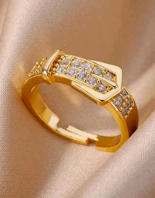 锆石皮带开口戒指女式金色婚礼不锈钢戒指... — 第 1/4 张图片