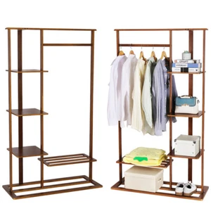 Nut-brown Bamboo Open Wardrobe Clothing Rack Large Storage Standing Garment Rack - Picture 1 of 12