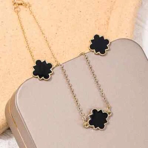 Floral Geometric Design Gold Filled Black Enamel Stud Earring & Necklace Set - Picture 1 of 6