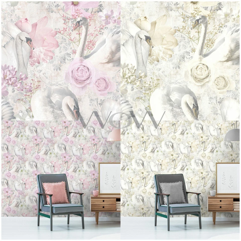 HOLDEN GLITTER SWANS WALLPAPER - GLITTER HIGHLIGHTS, FLOWERS, VINTAGE, DAMASK - image 1 of 1
