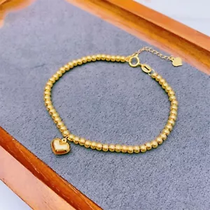 Pure 18K Gelbgold Kette Damen Glückliches Herz Rund Hochglanz Perlen Link Armband - Bild 1 von 5