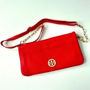 Tory Burch Red Foldover Leather Logo Chain Clutch Crossbody or Shoulder Bag - Picture 1 of 13