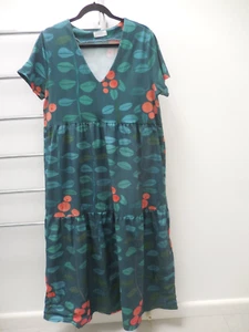 SCANDI BIRD OLIVE APPPLE GREEN + COTTON V NECK MAXI DRESS TIERED VGC L XL - Picture 1 of 5