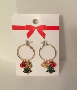 NWT Christmas EARRINGS Holiday Tree Hoop Dangle Pierced Ear Red Goldtone Xmas - Picture 1 of 6