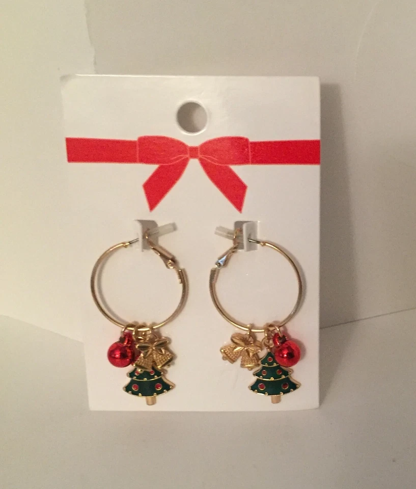 NUEVO CON ETIQUETAS PENDIENTES Árbol de Navidad Aro Cuelga Oreja Perforada Rojo Dorado Navidad Foto 1 de 4