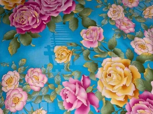 By 1/2 Yd Kona Bay DIVI-01 Rose Buds Floral Yellow Pink Blue Gold Cotton Fabric - Picture 1 of 10