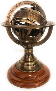 Antica scultura marina sfera armillare ottone fatta a mano 5 pollici con base in legno. - Foto 1 di 5