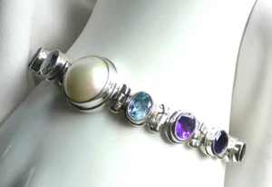 Perle, Amethyst, Iolith, Blautopas, Granat Armband 925 Silber ca. 25 g UNIKAT - Bild 1 von 17