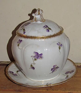 antique Charles Field Haviland Limoges bisquit jar +underplate violets gold trim - Picture 1 of 10