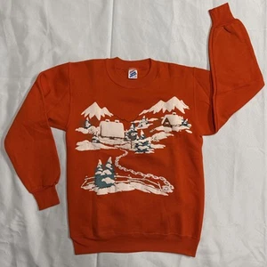 Vintage Jerzees sci invernale Natale gonfio grafica girocollo arancione taglia small - Foto 1 di 9