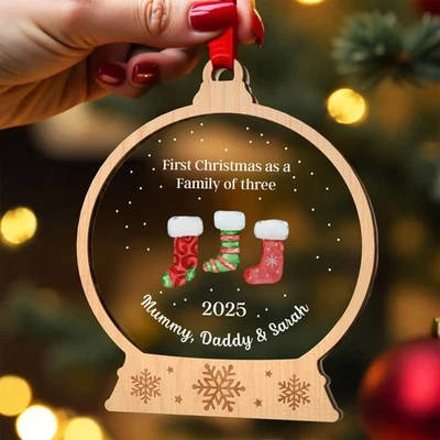Personalised First Christmas As Family of Three 3 Stockings Bauble With Gift Bag - Image 1 of 4