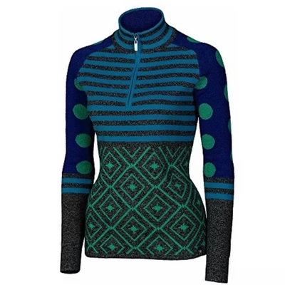 Neve Women's Blue Green Diamond Stripe Polka Dot 1/4 Zip Merino Wool Sweater S - Image 1 of 4