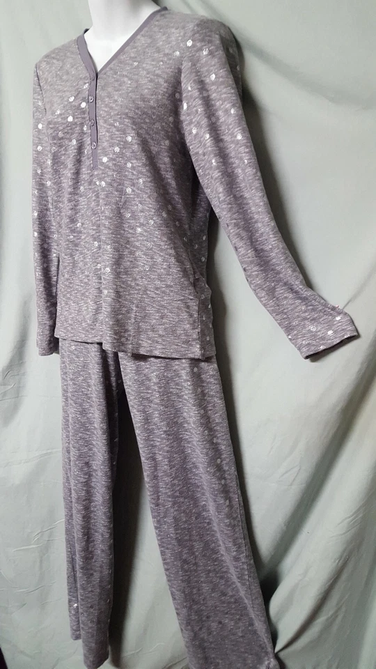 Charter Club Gray Silver Pajama Set Polka Dots Long Sleeve Long Pant XS 36" BUST - Image 1 of 4