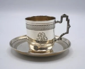 Antique French Sterling Silver Coffee Cup Saucer Minerva Hallmark 19th Century - Picture 1 of 7