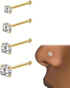 4 Stück 14K Gold 20G Nasenpiercing Chirurgenstahl Nasenpiercing Stecker Zirkonia - Bild 1 von 6