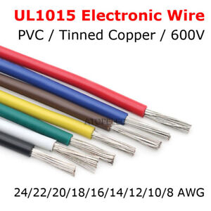 2-10M UL1015 Electronic Wire 600V Tinned Copper Stranded PVC Cable 8-24 AWG