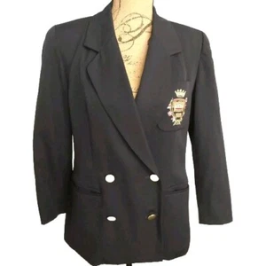 Talbots Wool Navy Blue Double Breast Gold Crest Equestrian Blazer Size 8P - Picture 1 of 6