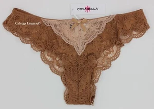 NUEVO CON ETIQUETAS COSABELLA TOSCA0521 "Tosca" Tanga de encaje bicolor tiro bajo marrón/beige Italia - Imagen 1 de 6