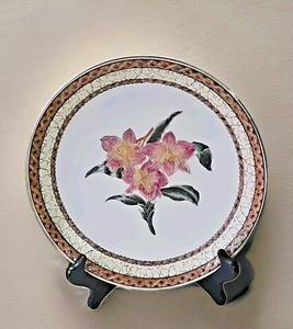 VTG Oriental Accent pink and yellow orchid floral 10" ceramic decor round plate - Picture 1 of 7