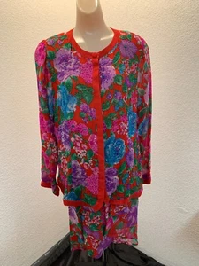 Vintage Diane Freis red silk beaded 2 piece skirt suit new with tags one size P - Picture 1 of 15