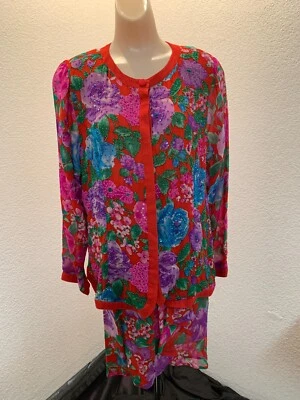 Traje Falda Vintage Diane Freis Rojo Seda Cuentas 2 Piezas Nuevo Con Etiquetas Talla Única P Foto 1 de 4