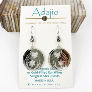 Adajio Earrings Shiny Black Hematite Disc Shiny Silver Tone Daffodil in Circle - Picture 1 of 4