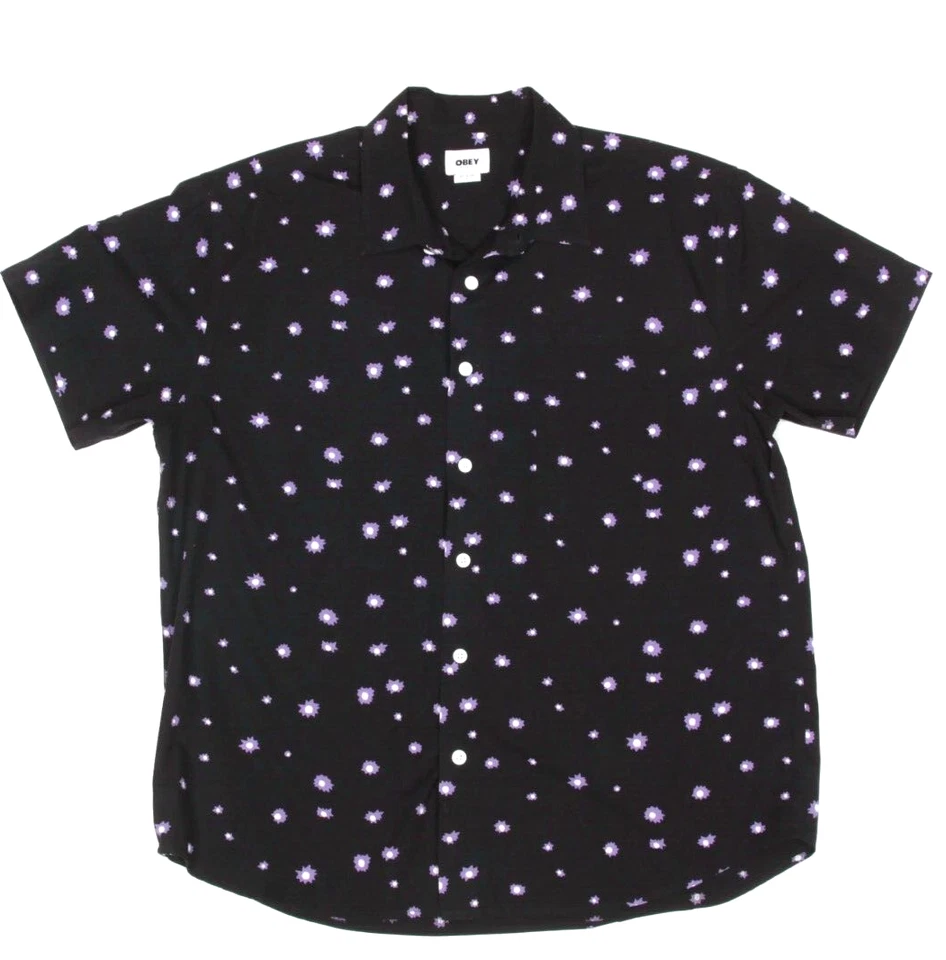 OBEY Mens Black Purple Floral Short Sleeve Organic Cotton Button Shirt sz L /964 - Image 1 of 4