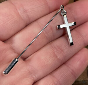 Cross stick pin Lapel Brooch silver tone dangle charm 2.25” religious jewelry
