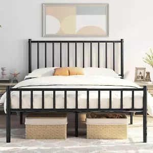 14 Inch Queen Size Bed Frame Metal Platform Bed with Spindle Headboard Footboard - Picture 1 of 9