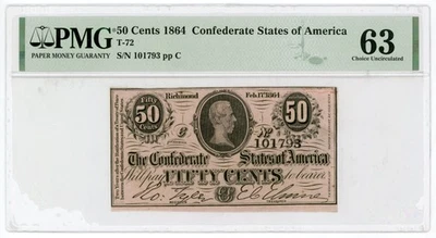 1864 T-72 50c Confederate States of America Note - CIVIL WAR Era PMG CU 63 - Image 1 of 2