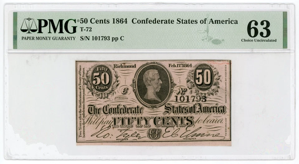1864 T-72 50c Confederate States of America Note - CIVIL WAR Era PMG CU 63 - Image 1 of 2