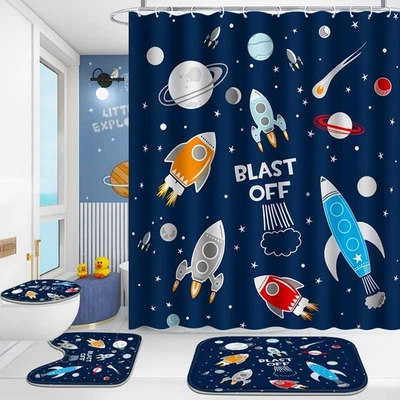 4 Pcs Bathroom Shower Curtain Set,Kid's Bathroom Set,Cosmic Space Shower Curt... - Image 1 of 4