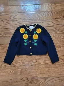 Rare Too Rare Edition Girls Blue Cardigan Size 4 Sunflowers Buttons - Picture 1 of 5