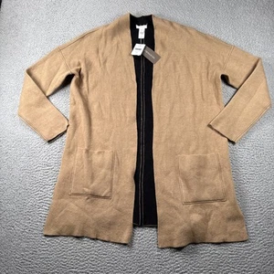 J Jill Sweater Womens Medium Reversible Tan Black Knit Open Cardigan Pockets NWT - Picture 1 of 11