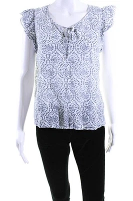 Roberta Roller Rabbit Womens Cap Sleeve Tie Neck Top Blouse White Gray Small - Image 1 of 4